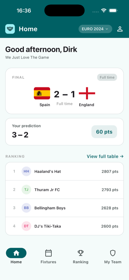 La app de Koppa mostrando un resultado, tu pronóstico y la clasificación